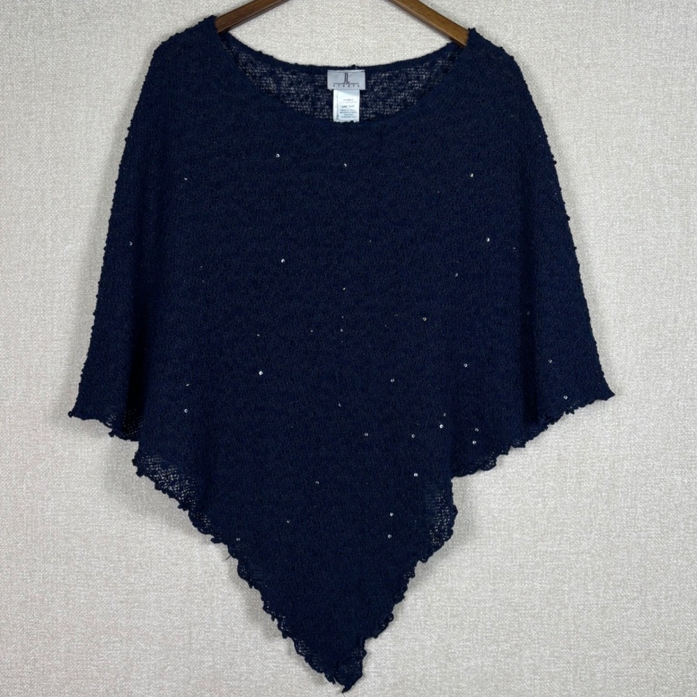 JL Studio Womens Navy Blue Sequin Knit Open Weave Poncho Asymmetrical One Size